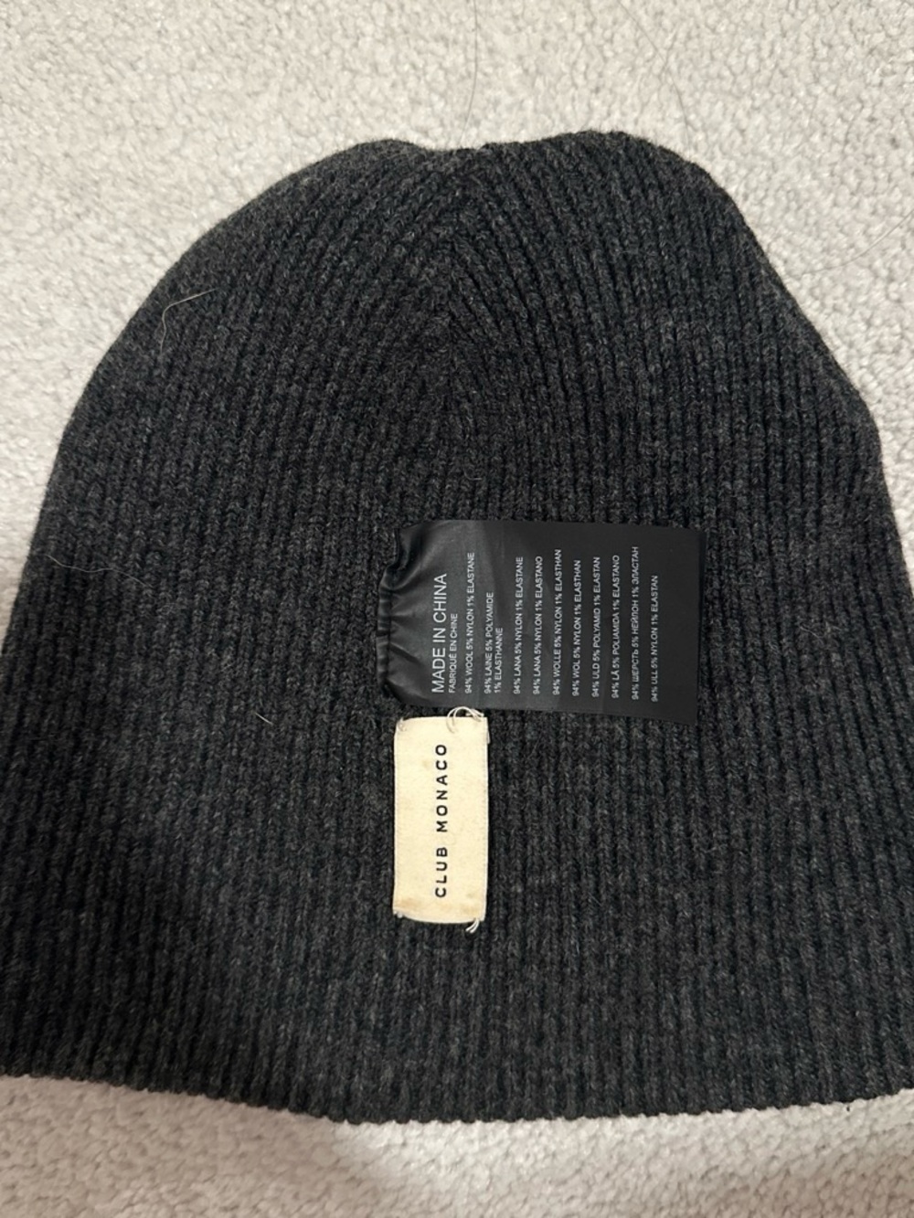 Club Monaco Men's Dark Charcoal Ribbed Knit Beanie
